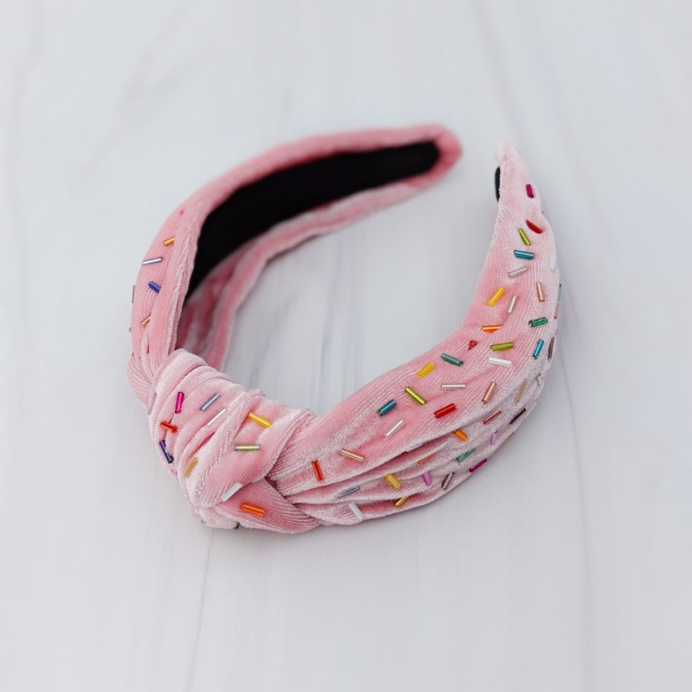 Pink Velvet Knot Headband with Sprinkles Rainbow Confetti Beading - Picture 6 of 11
